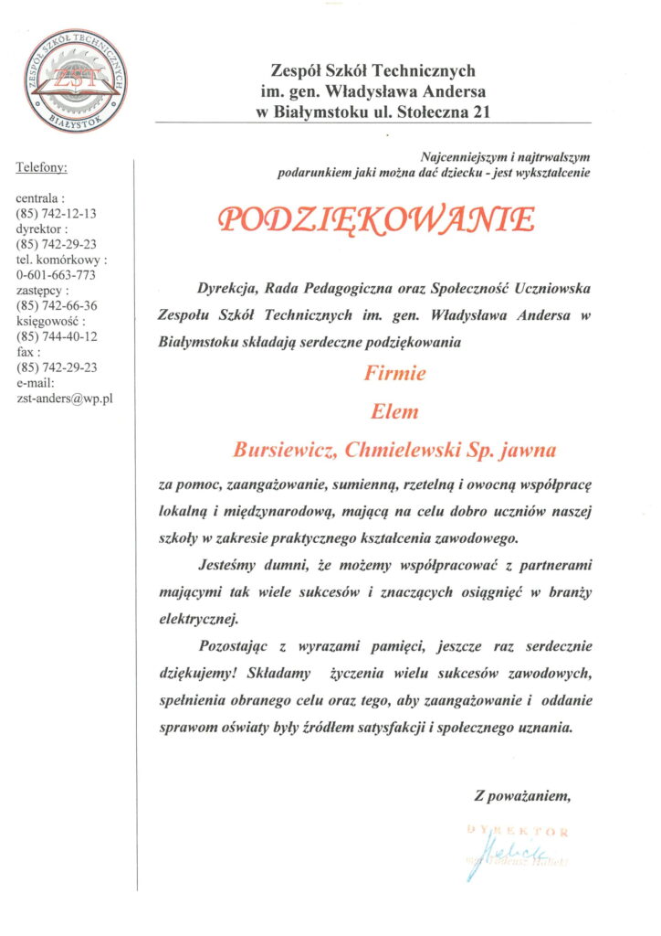 Podziękowania Technikum Elektryczne