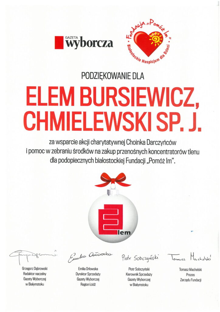 Podziękowanie Choinka Darczyńców