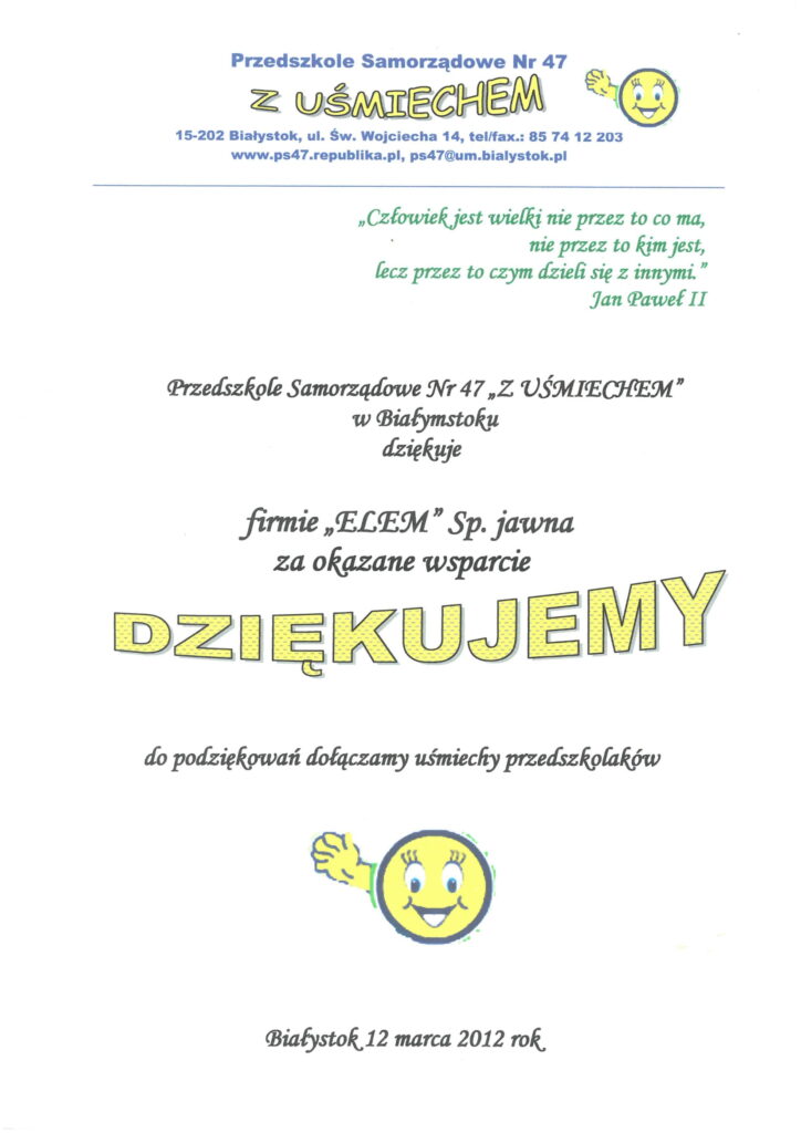 Podziękowanie Przedszkole Samorządowe nr 47